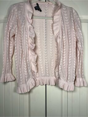 Tracy M Pointelle Knit Ruffle Cardigan Pink Sweater Chevron Lace Coquette Small